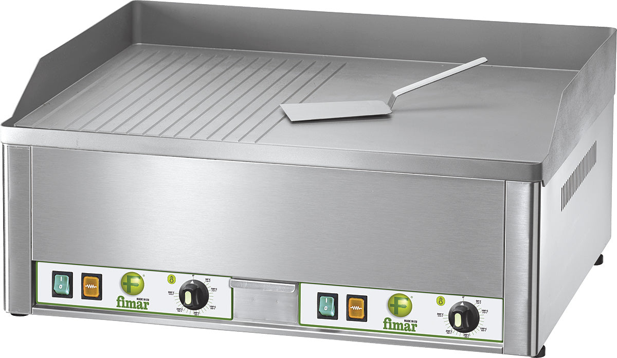 Elektro-Grillplatte Tischgerät - 2 Heizzonen 50-300°C - 400V / 6kW - 665x570x300mm - Glatte Grillplatte - sandgestrahlte Stahlplatte