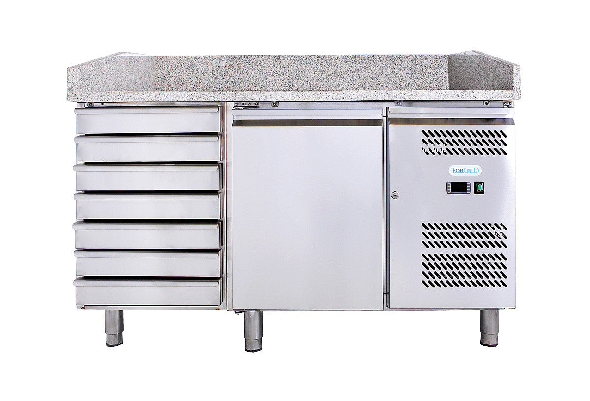 Pizzatisch - 1 Tür und 7 Schubladen - Granitarbeitsplatte - 210 Liter - Umluft - Edelstahl - Mit VRX Aufsatzvitrine 1/3