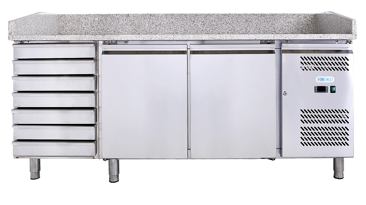 Pizzatisch - 2 Türen und 7 Schubladen - Granitarbeitsplatte - 386 Liter - Umluft - Edelstahl