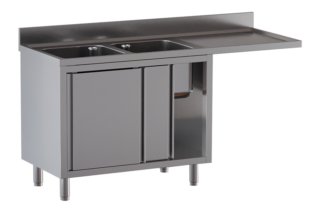 Spülcenter geschlossen mit Flügeltüren 2 Spülbecken links - 1600 x 700 x 850 mm - Edelstahl