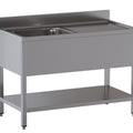 Spültisch mit Becken links und Ablageboden - 1200 x 700 x 850 mm - Edelstahl