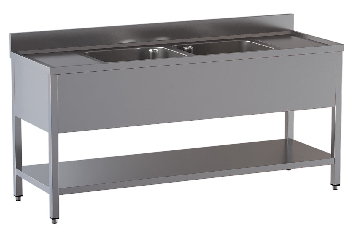 Spültisch mit 2 Becken mittig und 2 Abtropfflächen - 1800 x 700 x 850 mm - Edelstahl