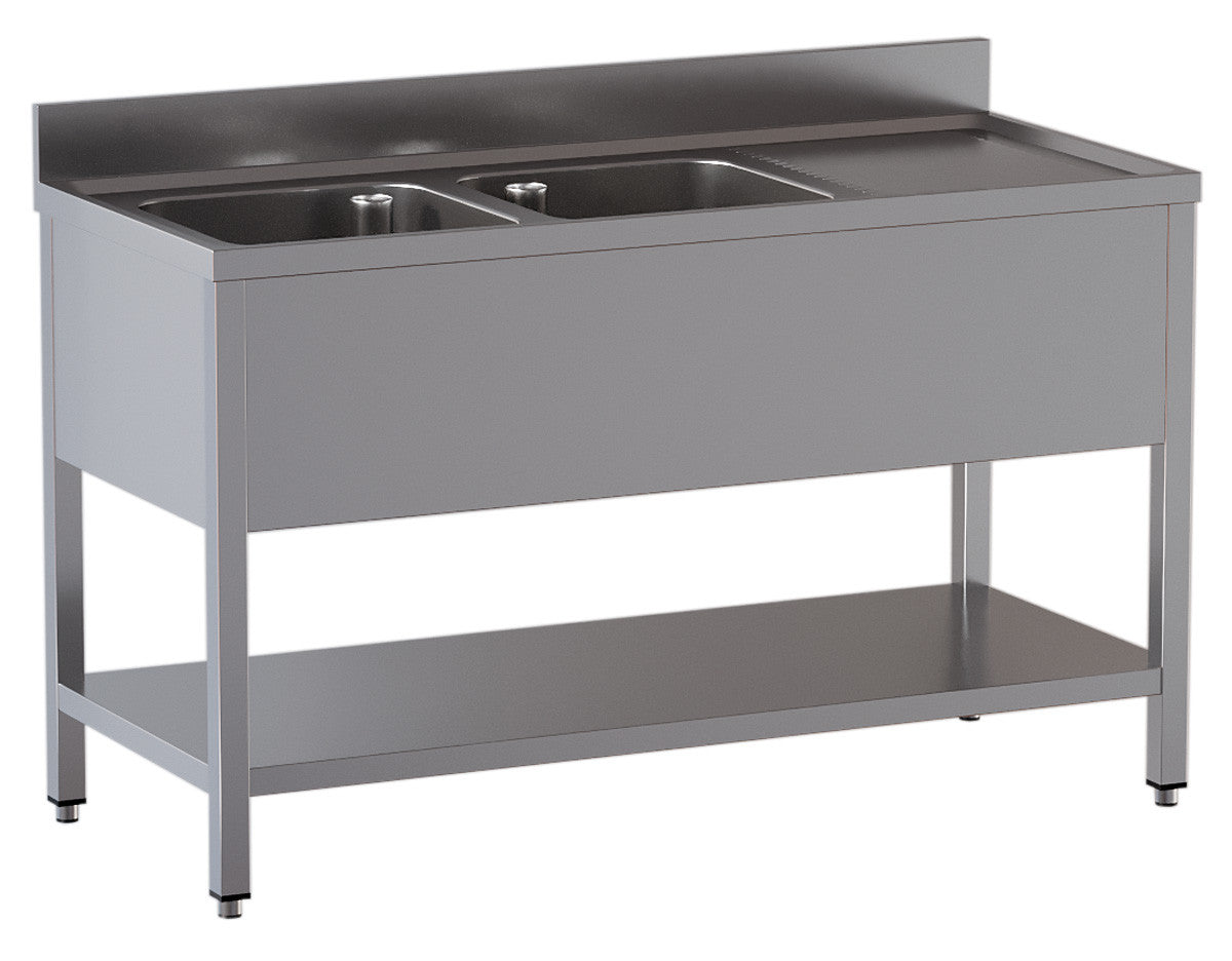 Spültisch mit 2 Becken links, Abtropffläche rechts und Ablageboden - 1400 x 700 x 850 mm - Edelstahl