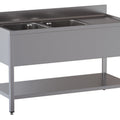 Spültisch mit 2 Becken links, Abtropffläche rechts und Ablageboden - 1600 x 700 x 850 mm - Edelstahl