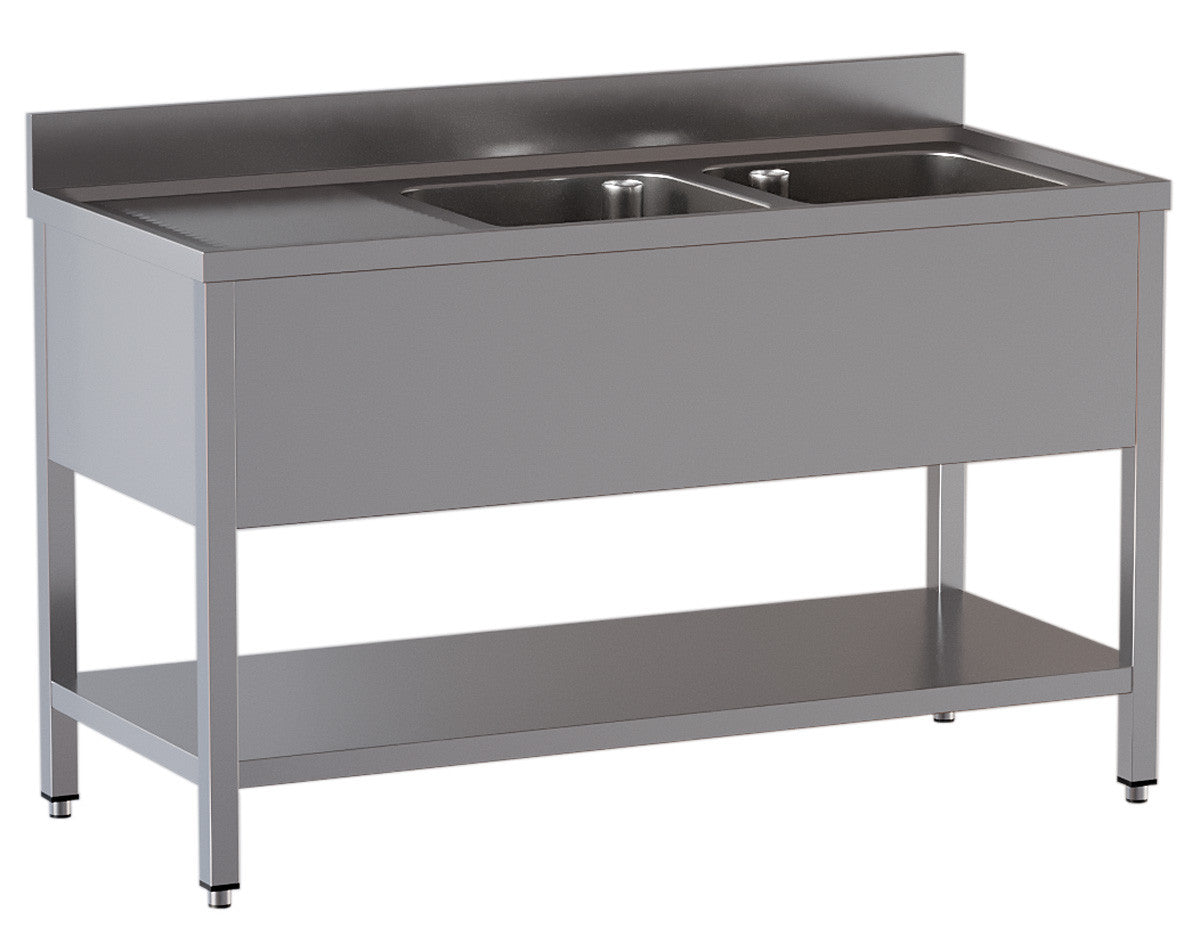 Spültisch mit 2 Becken rechts, Abtropffläche links und Ablageboden - 1400 x 700 x 850 mm - Edelstahl