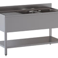 Spültisch mit 2 Becken rechts, Abtropffläche links und Ablageboden - 2000 x 700 x 850 mm - Edelstahl