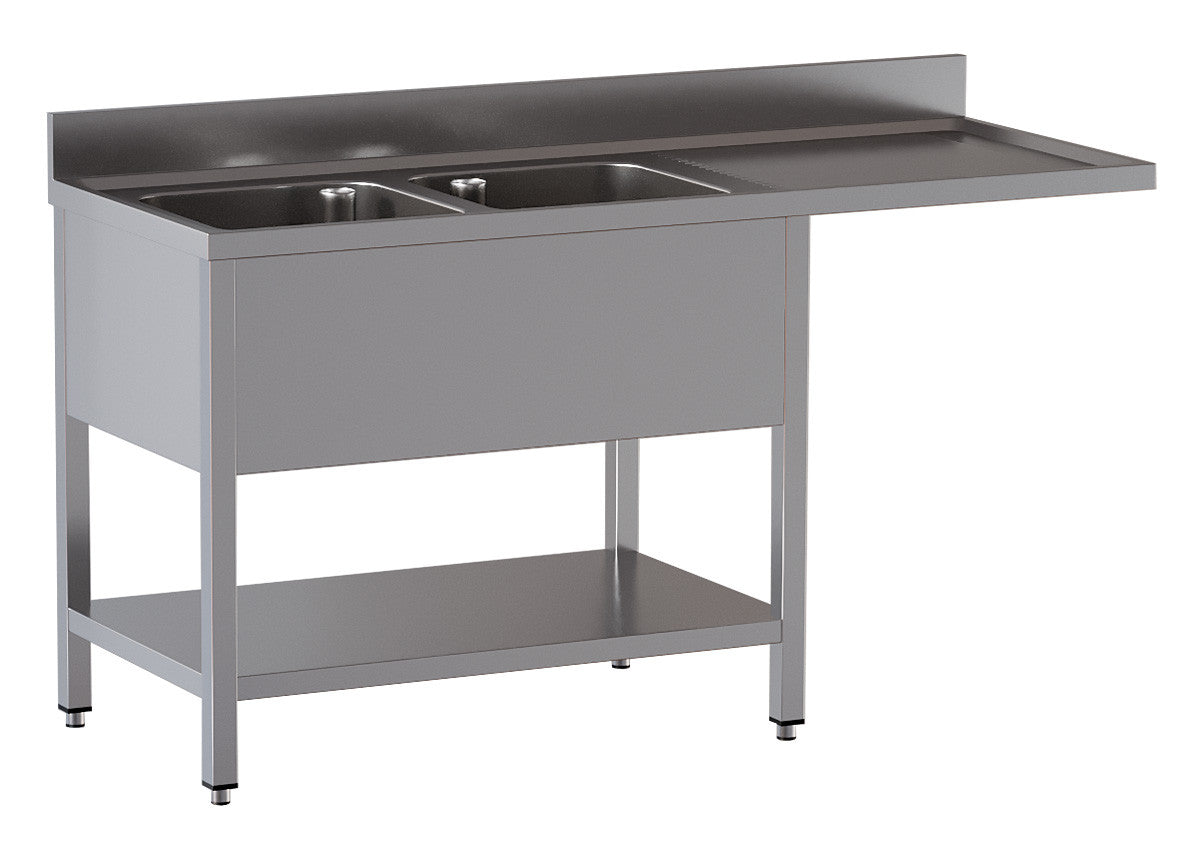 Spülcenter mit 2 Becken links, Abtropffläche rechts und Aufkantung - 1600 x 700 x 850 mm - Edelstahl