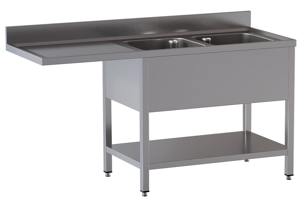 Spülcenter mit 2 Becken rechts, Abtropffläche links und Aufkantung - 2000 x 700 x 850 mm - Edelstahl