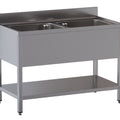 Spültisch mit 2 Becken und Ablageboden - 1400 x 700 x 850 mm - Edelstahl