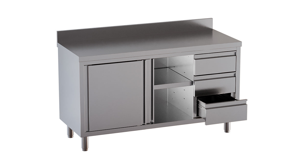 Arbeitsschrank mit Schiebetüren, Schubladen rechts und Aufkantung - 2000 x 700 x 850 mm - Edelstahl