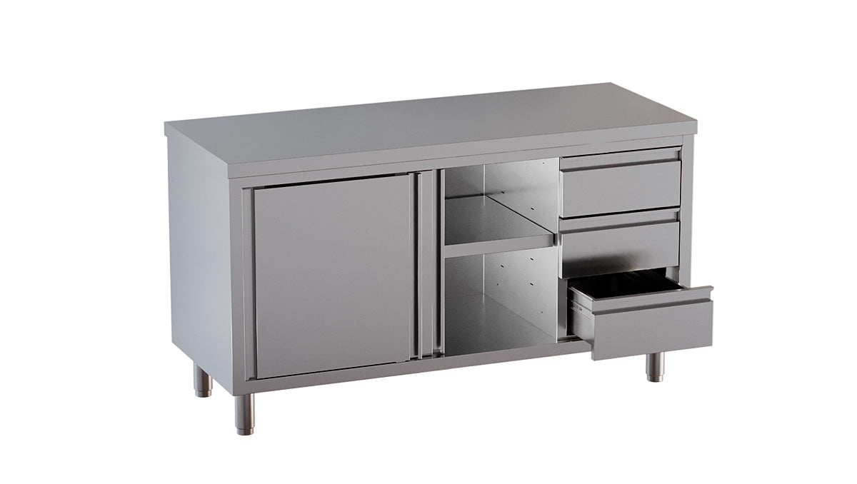 Arbeitsschrank mit Schiebetüren und Schubladen rechts - 1600 x 700 x 850 mm - Edelstahl