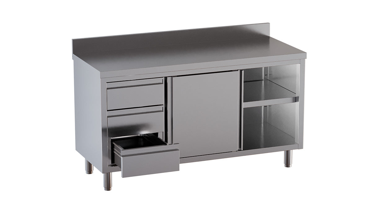 Arbeitsschrank mit Schwingtüre, Schubladen links und Aufkantung - 1400 x 700 x 850 mm - Edelstahl