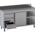 Arbeitsschrank mit Schiebetüren, Schubladen links und Aufkantung - 1800 x 700 x 850 mm - Edelstahl