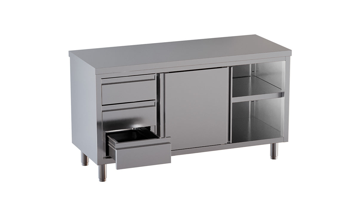 Arbeitsschrank mit Schwingtüre ve Schubladen links - 1200 x 700 x 850 mm - Edelstahl