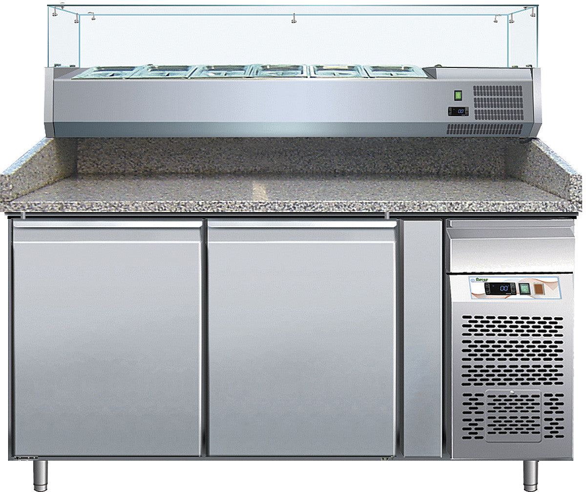 Pizzatisch - 2 Türen - Granitarbeitsplatte - 390 Liter - Umluft - Edelstahl AISI304 - Mit VRX Aufsatzvitrine 1/3