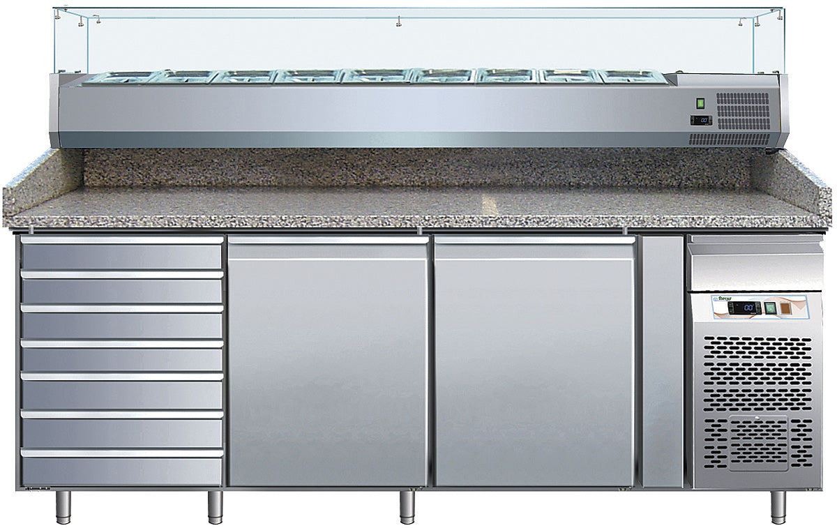 Pizzatisch - 2 Türen und 7 Schubladen - Granitarbeitsplatte - 390 Liter - Umluft - Edelstahl AISI304 - Mit VRX Aufsatzvitrine 1/3