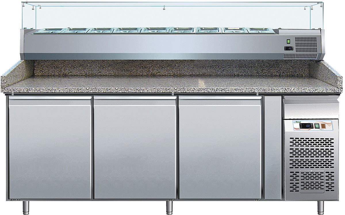 Pizzatisch - 3 Türen - Granitarbeitsplatte - 580 Liter - Umluft - Edelstahl AISI304