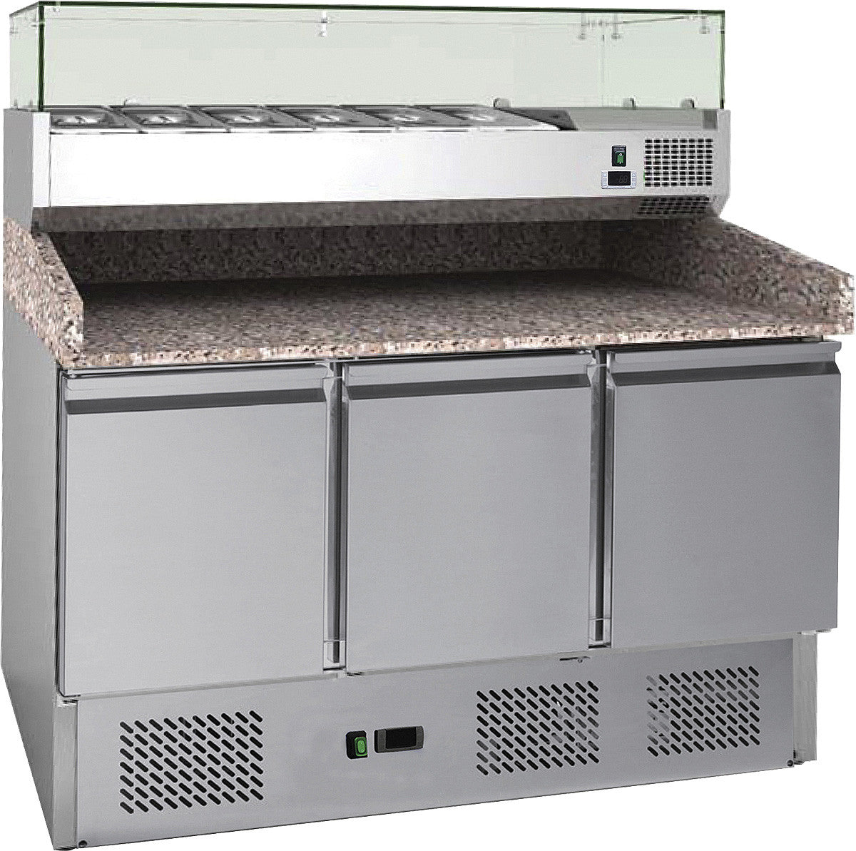 Pizzatisch - 3 Türen - Granitarbeitsplatte - 368 Liter - Statisch - Edelstahl - Mit VRX Aufsatzvitrine 1/3